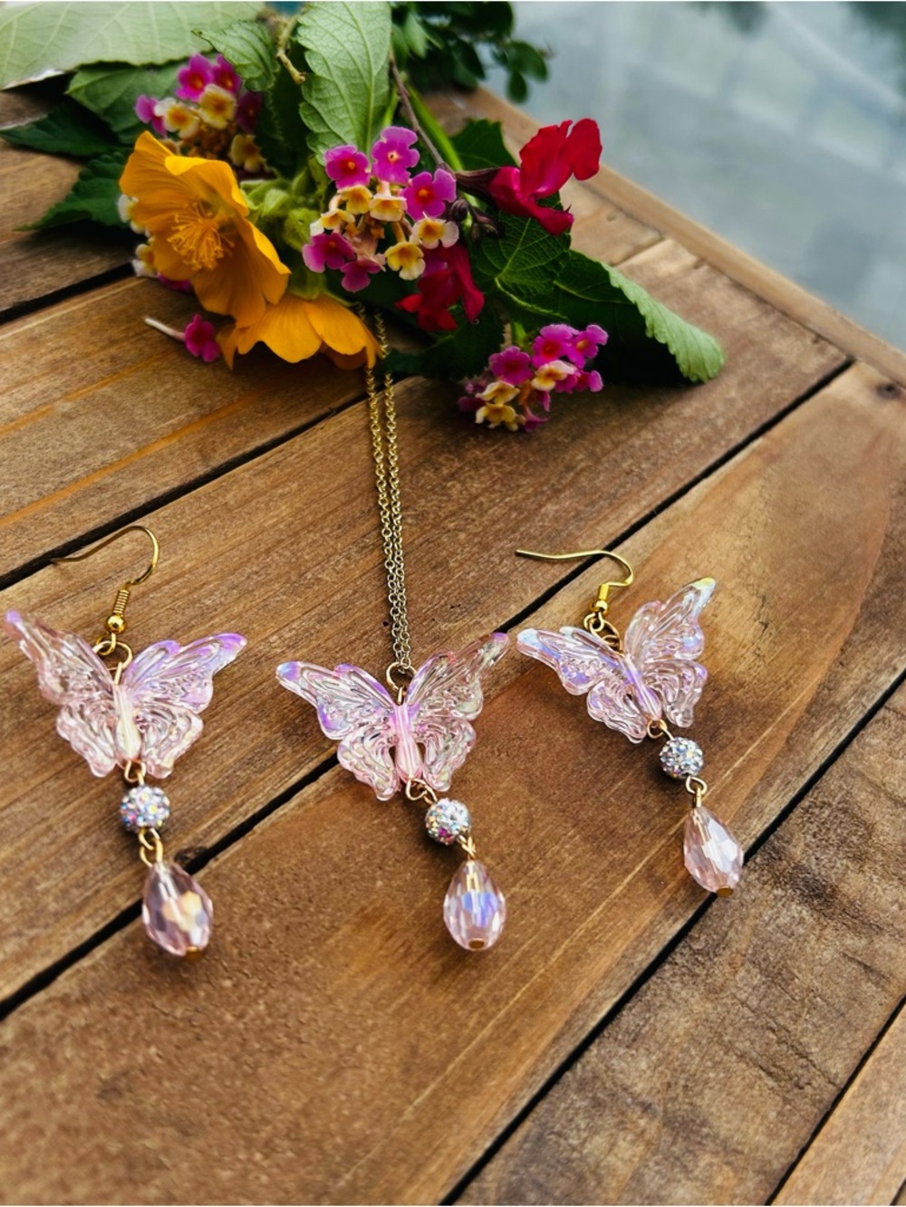 Delicate Pink Butterfly Pendant Necklace and Earrings Set